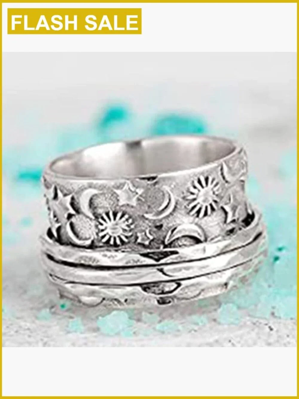 Hammered Sun Moon Star Spinner Ring Stainless Steel Statement Band